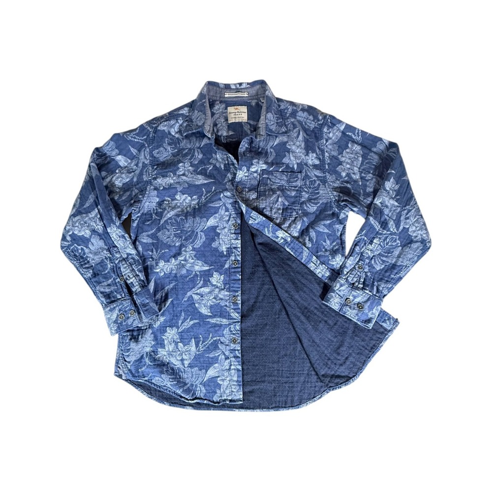 Tommy Bahama Hawaiian Shirt Adult Medium Blue Floral Button Up Long Sleeve Mens